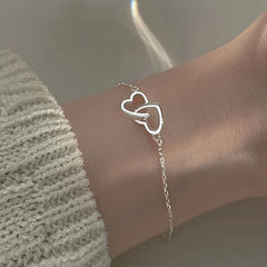 Pulsera y brazalete de doble corazón para mujer, Color plateado, joyería fina de moda, regalo de fiesta de boda, 2022