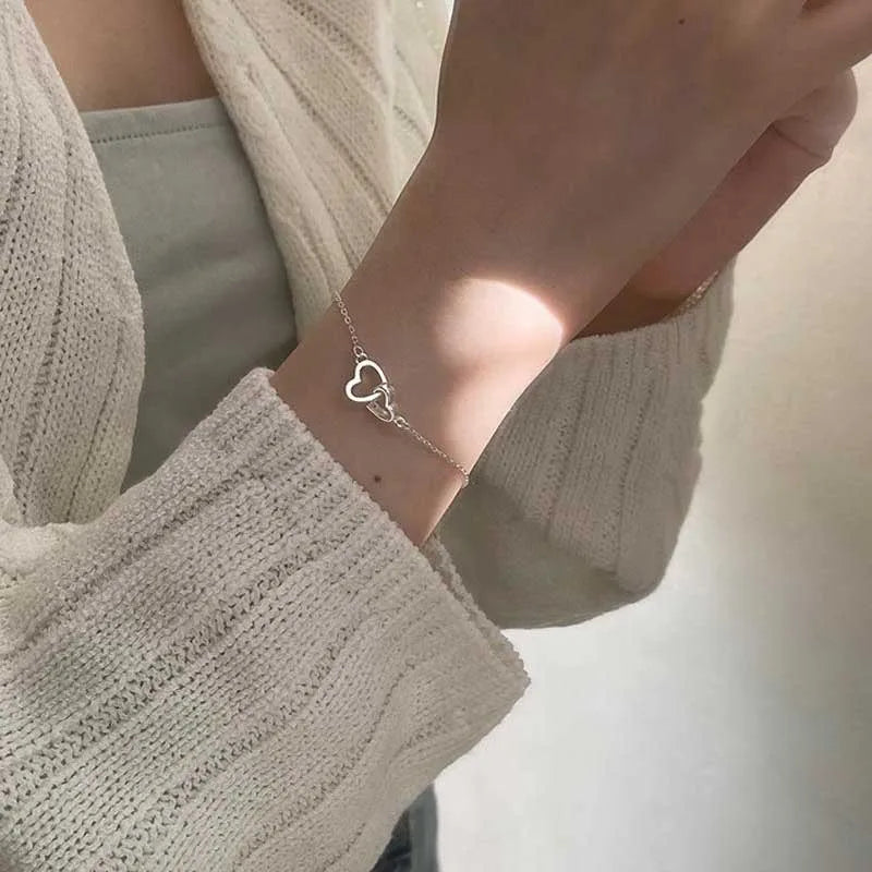 Pulsera y brazalete de doble corazón para mujer, Color plateado, joyería fina de moda, regalo de fiesta de boda, 2022